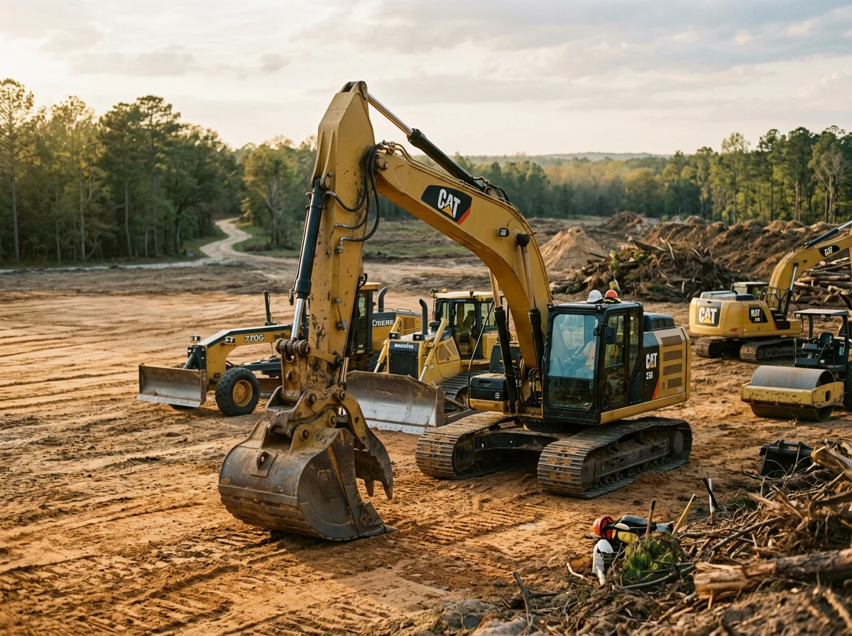 Excavator and heavy equipment staged on a job site, ready for land clearing and grading work.