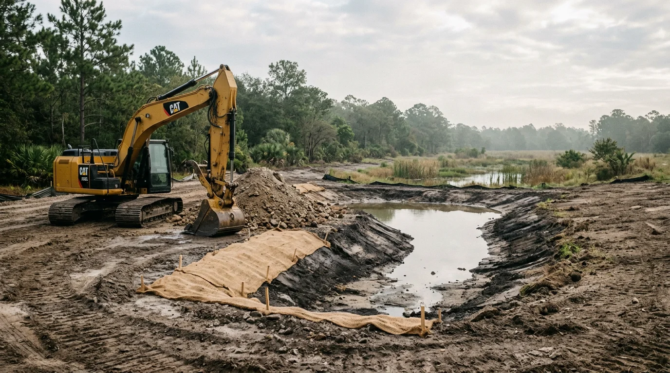 Excavator performing trenching and site work for water management in central Florida