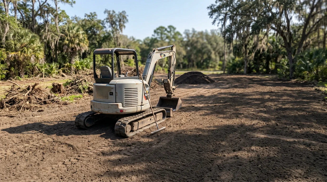 Excavator grading and clearing land for residential development in central Florida