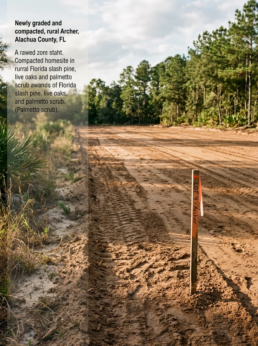 Graded and compacted homesite in Archer, Florida, ready for driveway construction and foundation work on a rural acreage parcel.