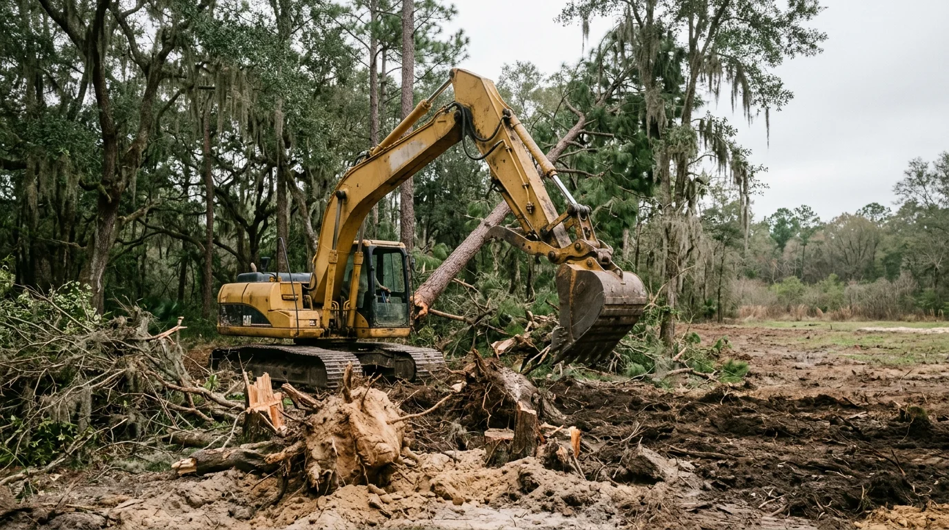 Excavator clearing a wooded one-acre lot in Archer, FL, with mature oaks and pine trees being removed for a new homesite.