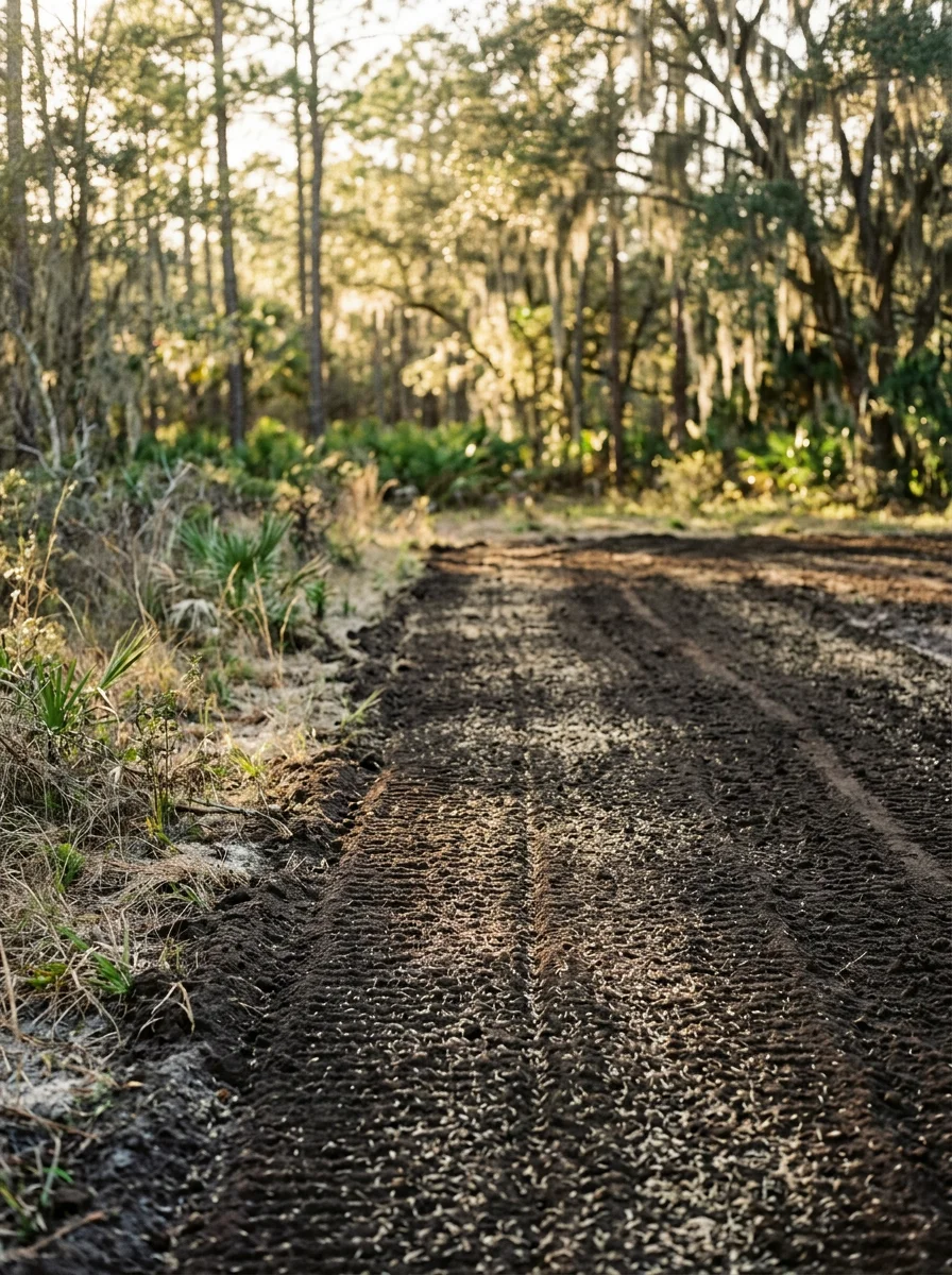 Cleared and graded rural lot near Chiefland, Florida, with fresh grass seeding visible on bare soil and a wooded property edge in the background.