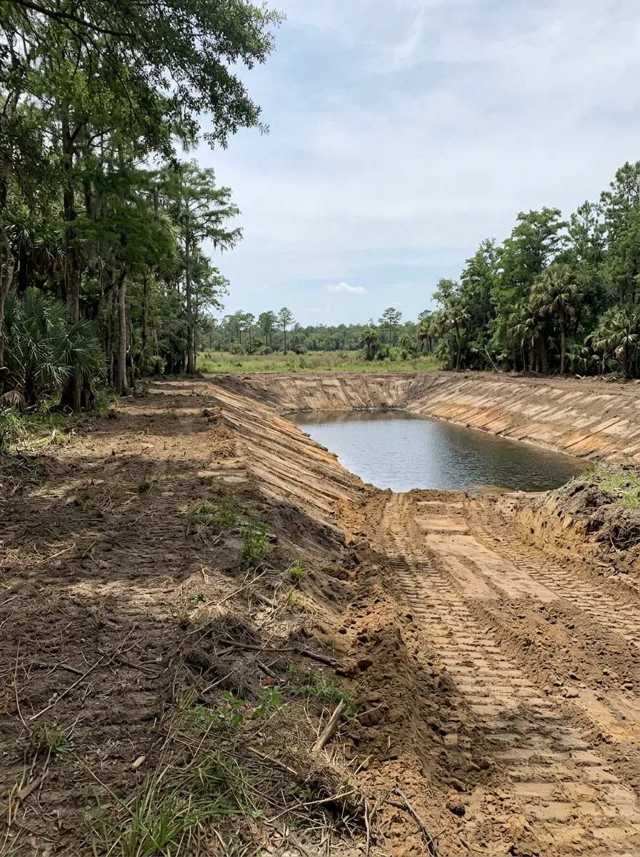 Pond excavation in progress on a rural Dunnellon, Florida property near the Withlacoochee River, with shaped banks and cleared surrounding acreage.