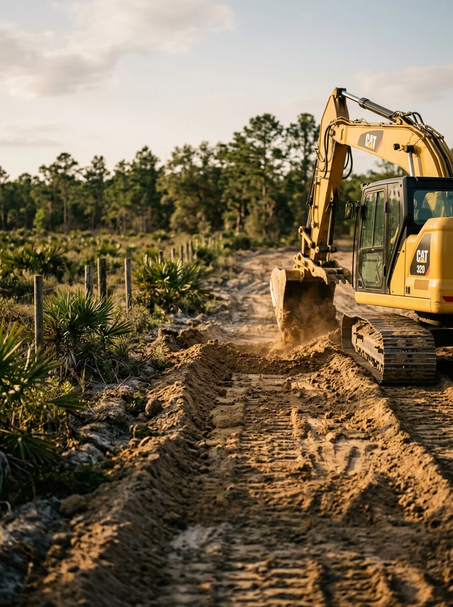 Grading work in progress on a semi-rural lot near Jonesville, Florida, with an excavator leveling clay soil for a new homesite.