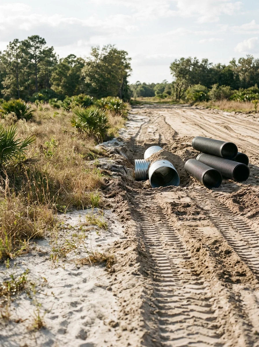 Loose-fill driveway construction on a raw rural parcel near Morriston, Florida, with graded access path and culvert installation in progress.