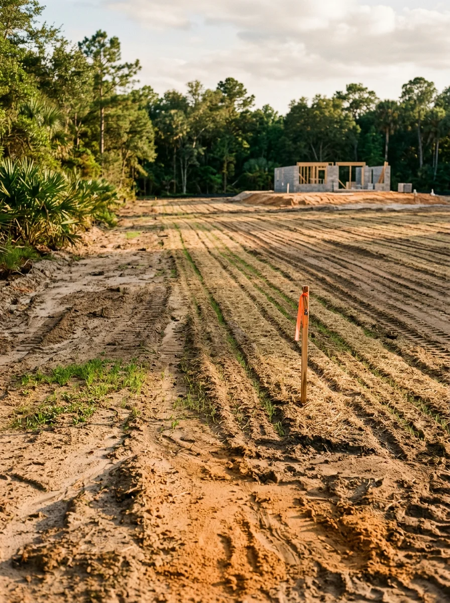 Grass seeding on a freshly graded lot in Newberry, Florida, with cleared acreage and a new homesite visible in the background.