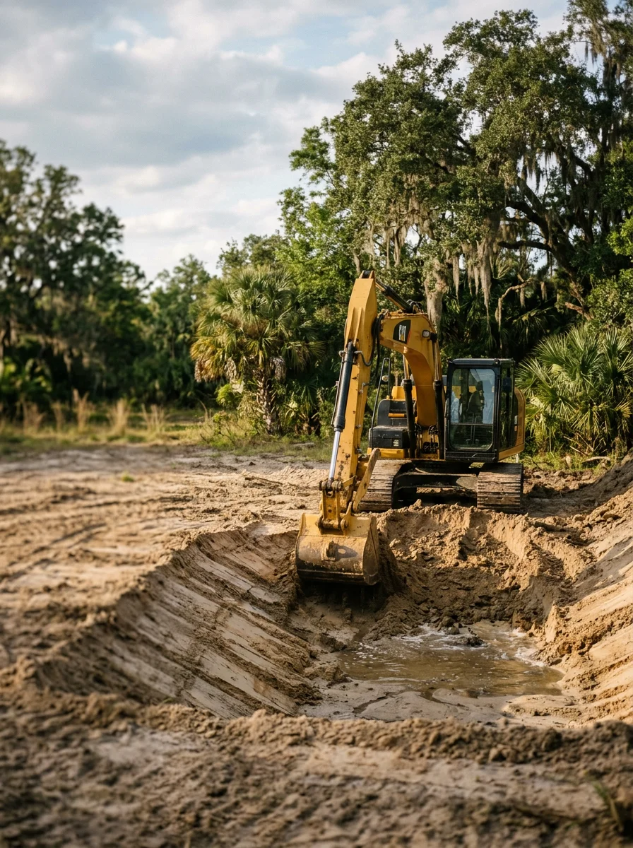 Excavator digging a pond on a Marion County farm property near Ocala, Florida, with graded banks and cleared surrounding land.
