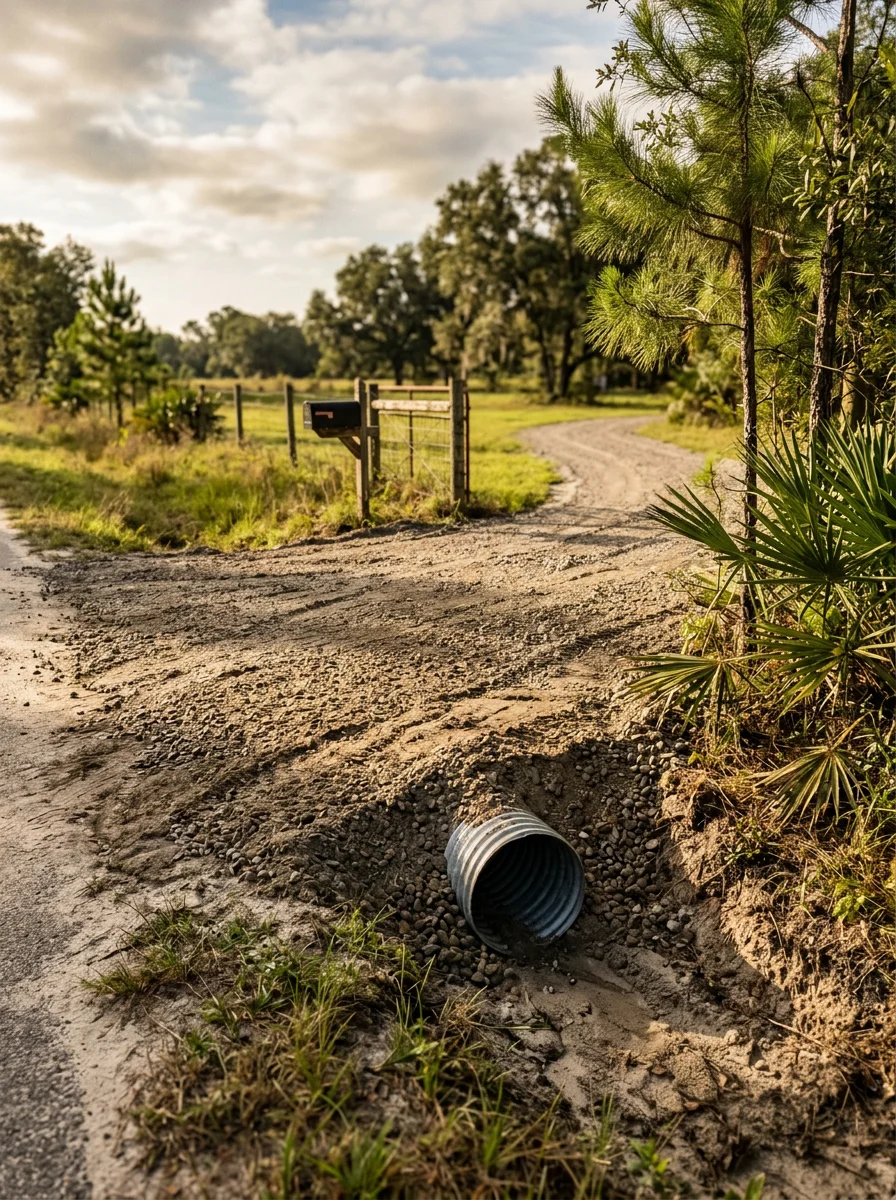 Loose-fill driveway construction on a Levy County rural property near Williston, Florida, with culvert installation and graded access path.
