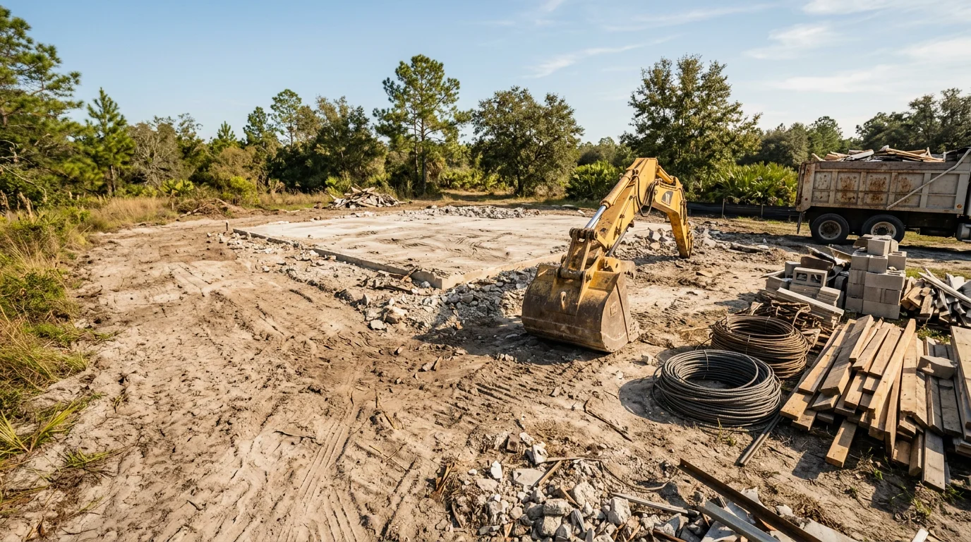 A demolished single-story wood-frame building with debris cleared to the foundation on a rural North Central Florida lot. A land services crew and equipment are visible in the background near Archer, Florida.