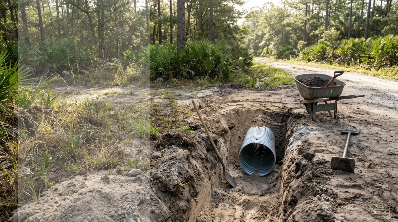 A freshly installed culvert pipe seated beneath a rural gravel driveway crossing a roadside ditch in Archer, Florida. Compacted fill surrounds the pipe and the driveway surface is graded level across the top.