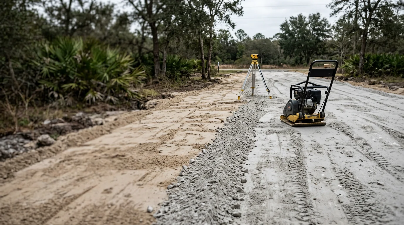 A freshly constructed gravel and compacted base driveway leading to a rural home in Archer, Florida, with cleared edges and a drainage slope visible along the sides.