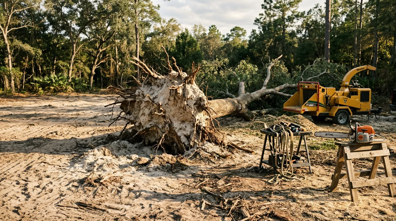 A large storm-damaged tree removed from a residential property in Archer, Florida, with the cleared yard and intact home visible in the background. M & M Land Services crew equipment positioned on a rural North Central Florida lot after emergency tree removal.