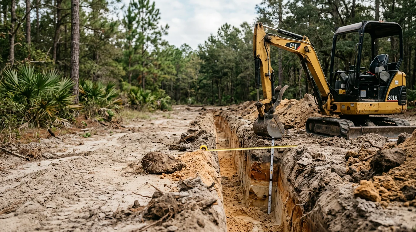 An excavator cuts a straight utility trench through sandy North Central Florida soil on a rural residential property near Archer, Florida. The open trench runs across a cleared lot with pine trees visible in the background.