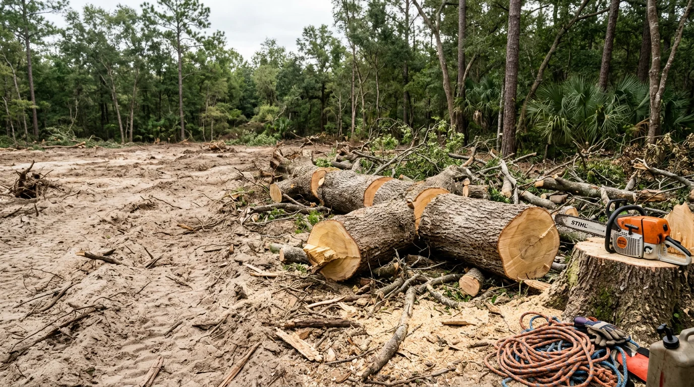 A large fallen oak tree sectioned and partially cleared from a residential yard in Archer, Florida, with cut log rounds stacked near the root ball. Open sky visible where the tree once stood, showing the cleared access path to a gravel driveway.