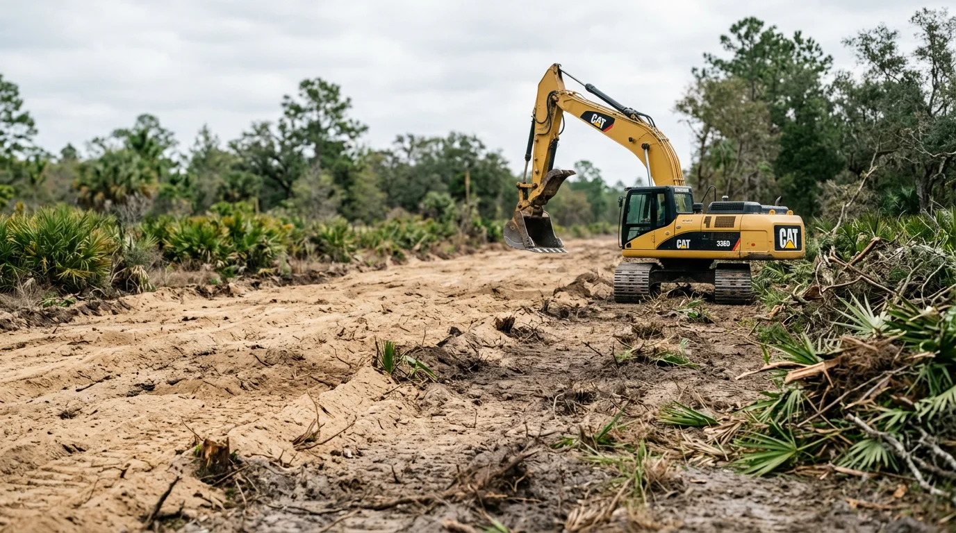 Heavy equipment scraping a bare-soil fire line through dense brush on a rural property near Archer, Florida. The cleared strip runs along a wooded property boundary, exposing mineral soil to create a break against wildfire spread.