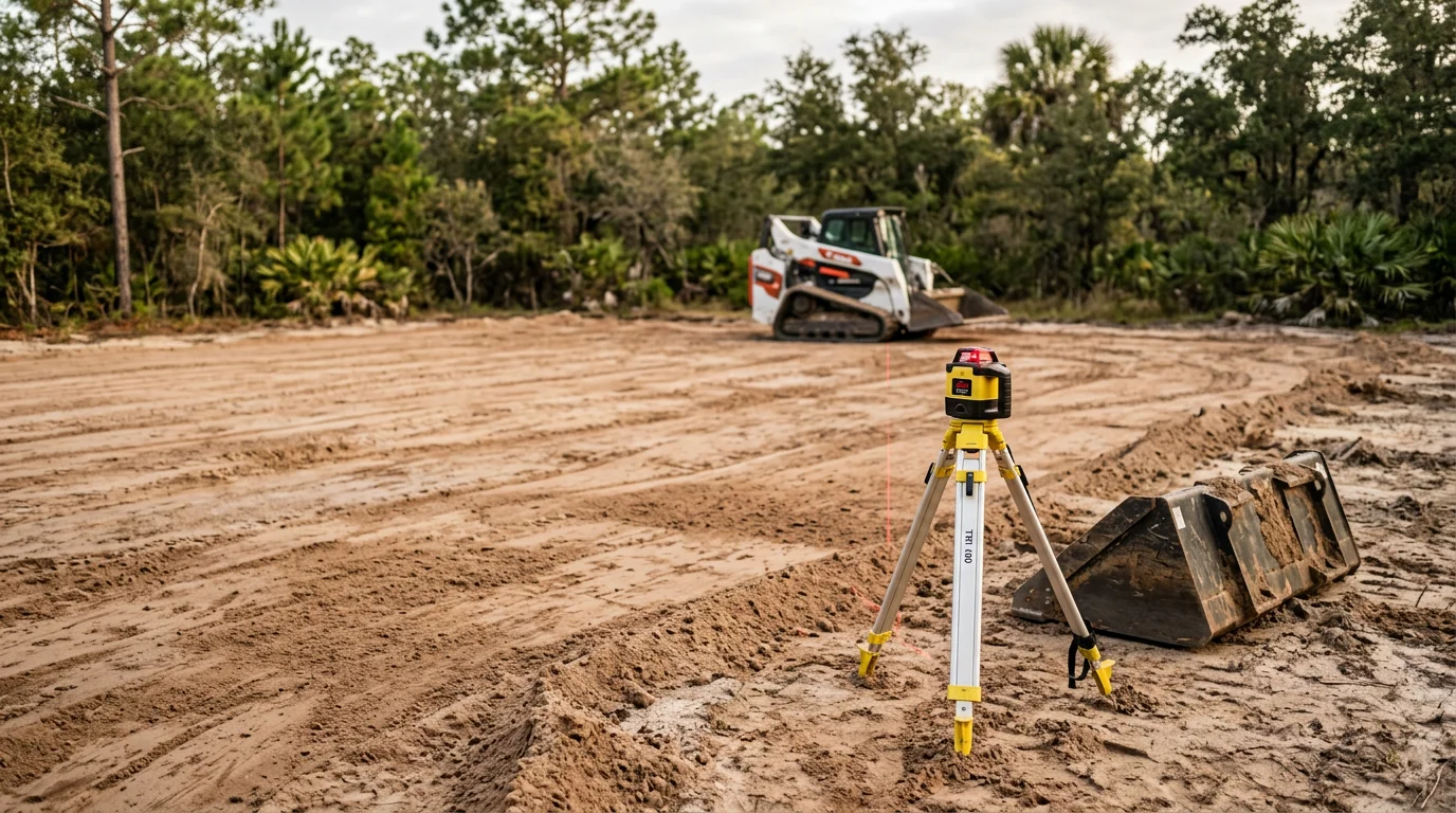 A graded and leveled building site in Archer, Florida with fresh soil shaped into a smooth, sloped pad ready for construction. Surrounding land shows the flat North Central Florida terrain with sandy soil typical of Alachua County properties.
