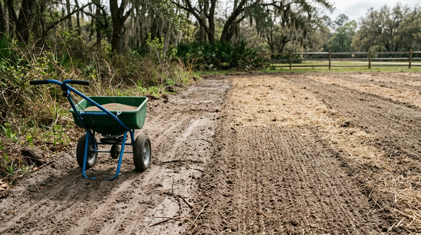 Freshly seeded lawn on a sandy-soil residential property in Archer, Florida, showing an even spread of seed across prepared ground with surrounding North Central Florida landscape in the background.