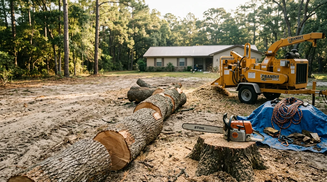 A large hazardous water oak being removed in sections near a residential home in Archer, Florida. A crew member on the ground guides rigging lines as the trunk is lowered away from the roof.