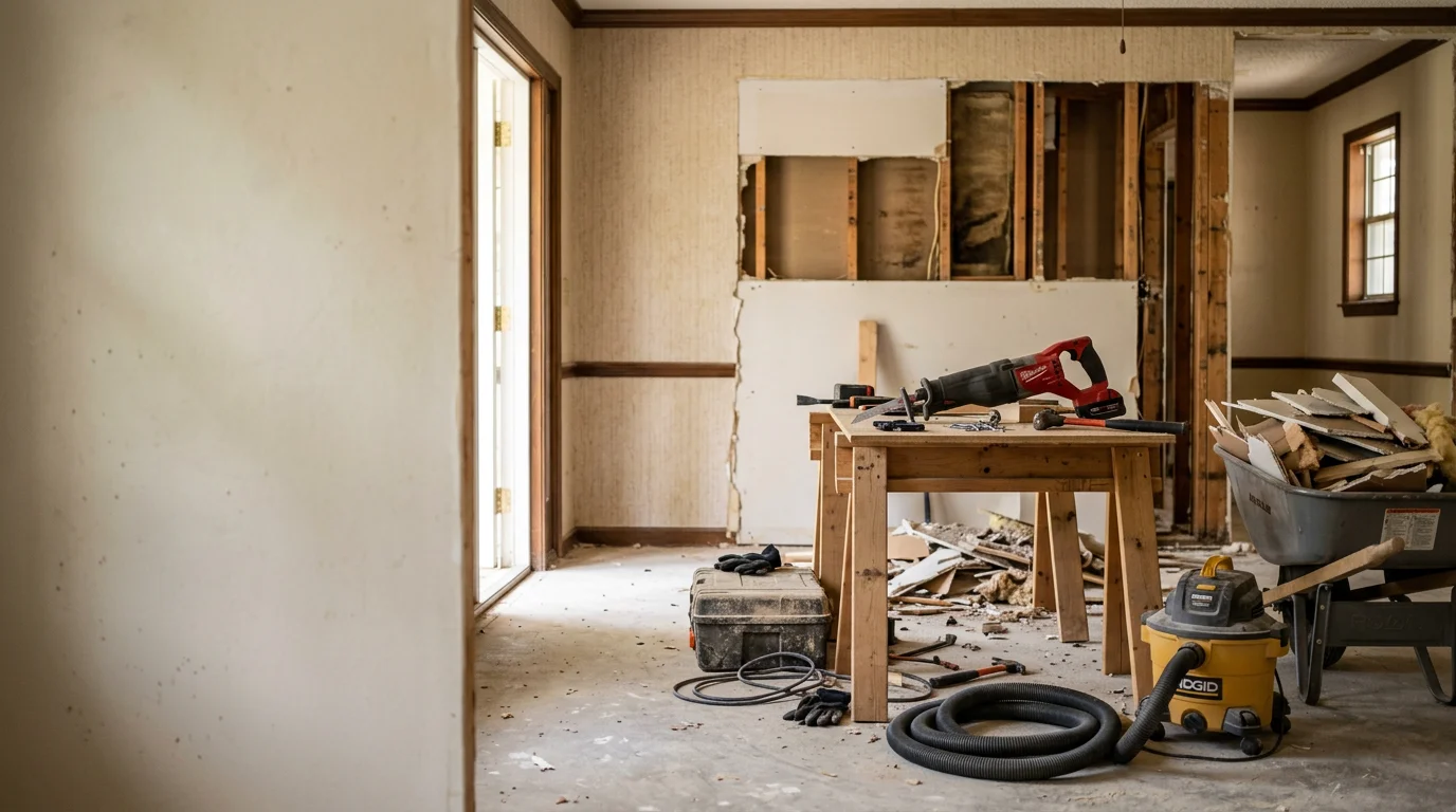 Interior of a North Central Florida home mid-demolition, with wall framing exposed and flooring removed in preparation for renovation. M & M Land Services interior demolition work in the Archer, Florida area.