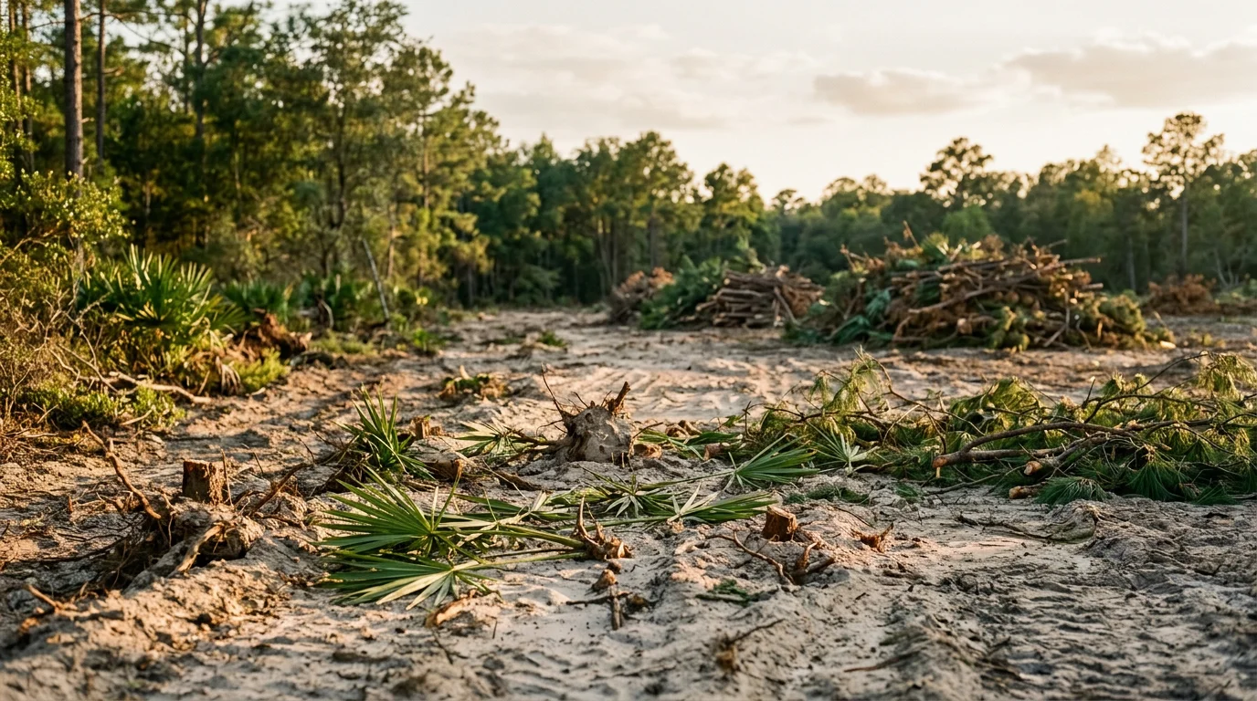 A north central Florida property near Archer with saw palmetto and dense brush cleared away, leaving open ground ready for use. Equipment tracks are visible across sandy soil with pine trees remaining at the property edge.