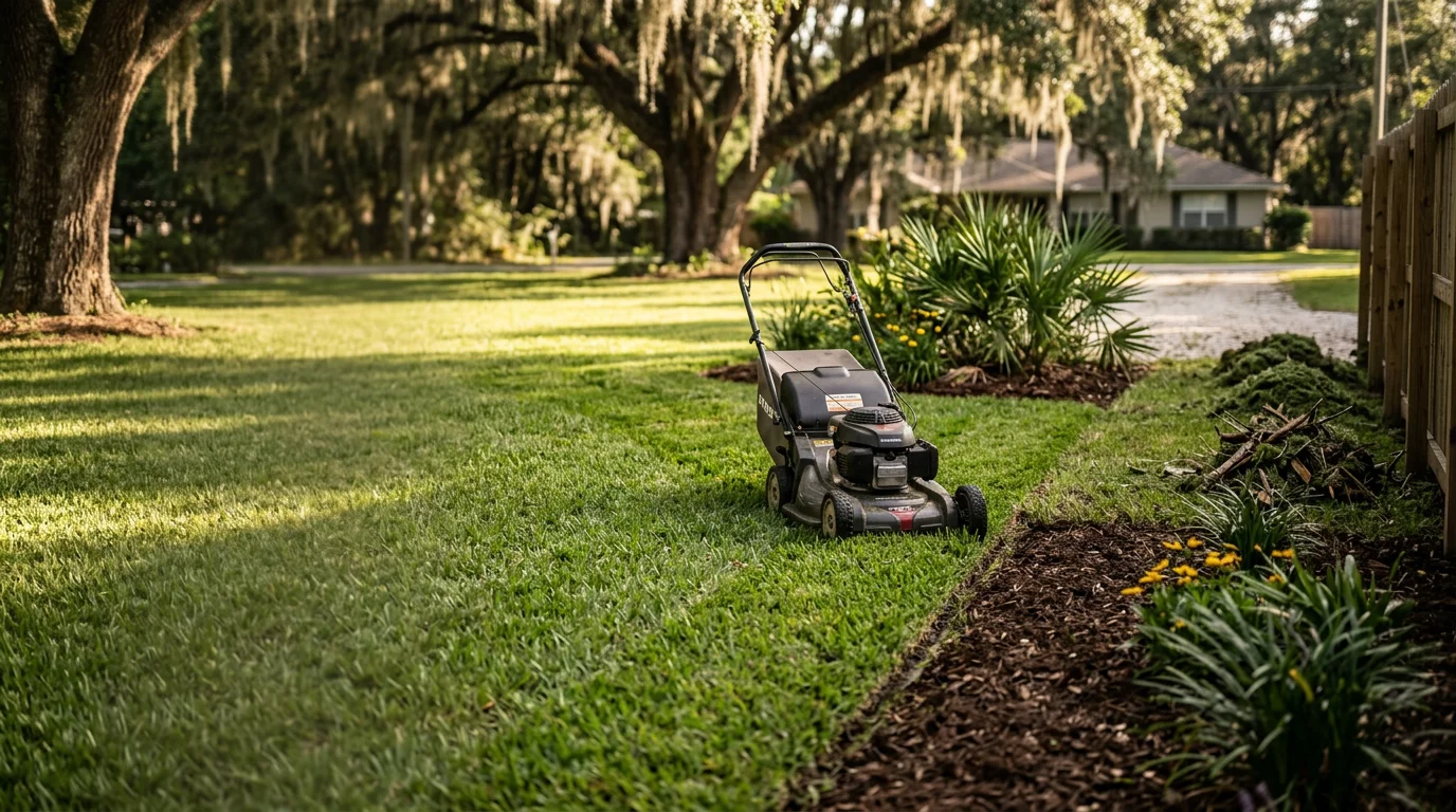 A neatly mowed and edged residential lawn in Archer, Florida with trimmed shrub borders and clean landscape beds. A maintained property in North Central Florida showing defined turf edges and debris-free grounds.