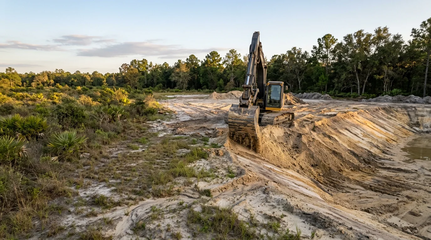 Heavy excavation equipment digging a large pond on a rural flatwoods property in North Central Florida. Freshly graded banks and cleared land surround the excavated basin near Archer, Florida.