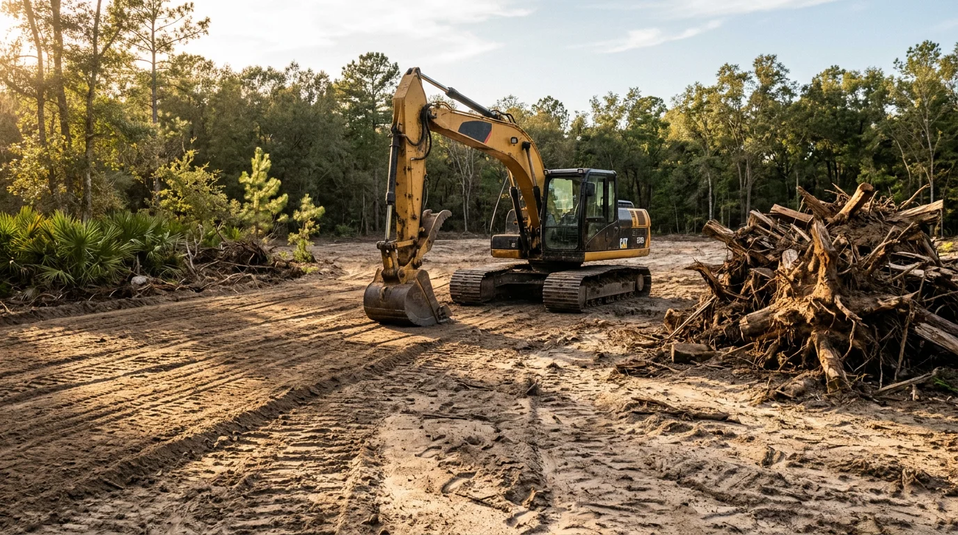 A freshly cleared and graded lot in Archer, Florida with stumps and brush removed and smooth soil ready for construction. Heavy equipment tracks are visible across the prepared ground with open sky above the site.