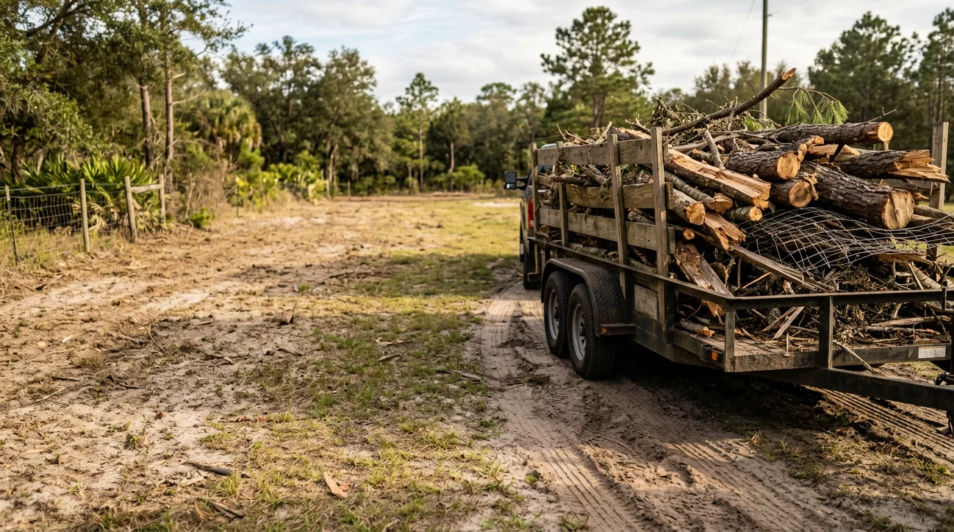 A cleared residential property in Archer, Florida after storm debris removal, with hauled-away limbs and brush piles no longer blocking the yard or driveway. Equipment from M & M Land Services visible on a rural lot following cleanup.
