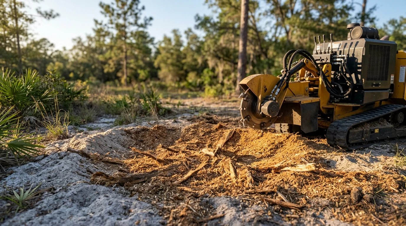 A freshly ground tree stump in a residential yard in Archer, Florida, with wood chips spread across the ground and a clean, level surface ready for sod. The surrounding lawn and sandy North Central Florida soil are visible in the background.