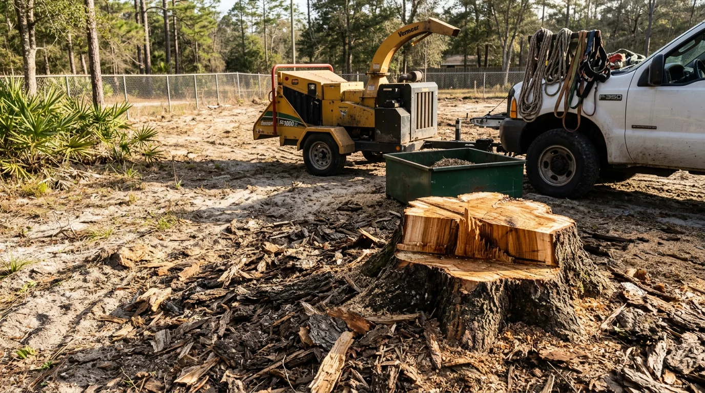 A large oak tree being removed from a residential property in Archer, Florida, with cut sections on the ground and the surrounding lawn and home left undamaged. M & M Land Services crew working a tree removal job in north-central Florida.