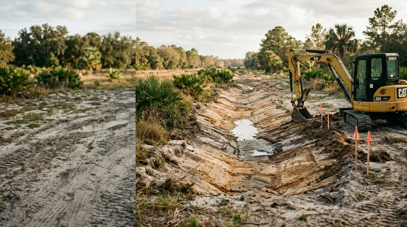 A freshly graded drainage swale running along the edge of a flat rural property in north central Florida, with dark soil shaped to direct surface water away from a nearby structure. Clear skies follow recent rain, and the channel shows water moving toward a low point at the far end of the lot.